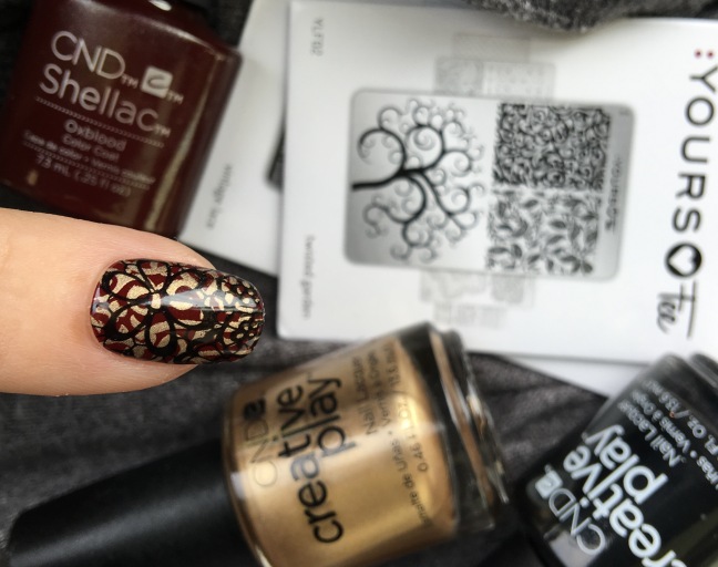 yours loves fee stamping creative play over cnd shellac oxblood