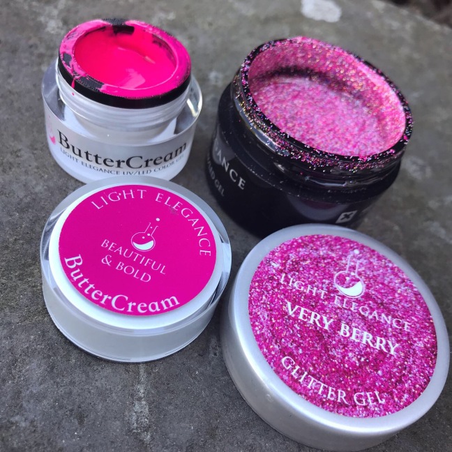 light elegance beautiful and bold buttercream with LE glitter gel very berry by fee wallace