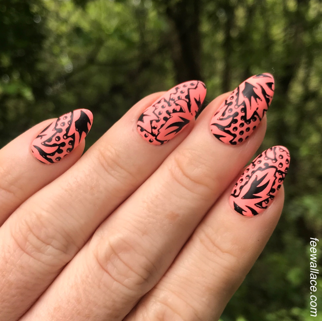 light elegance hard gel enhancements with confident coral buttercream and stamping nail art by fee wallace